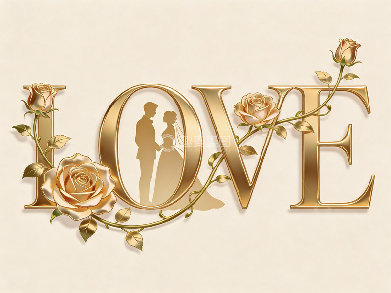 高清大图下载【趣麦麦图】金色爱情字母与玫瑰装饰