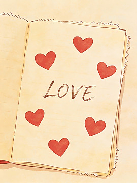笔记本上的心形与爱字