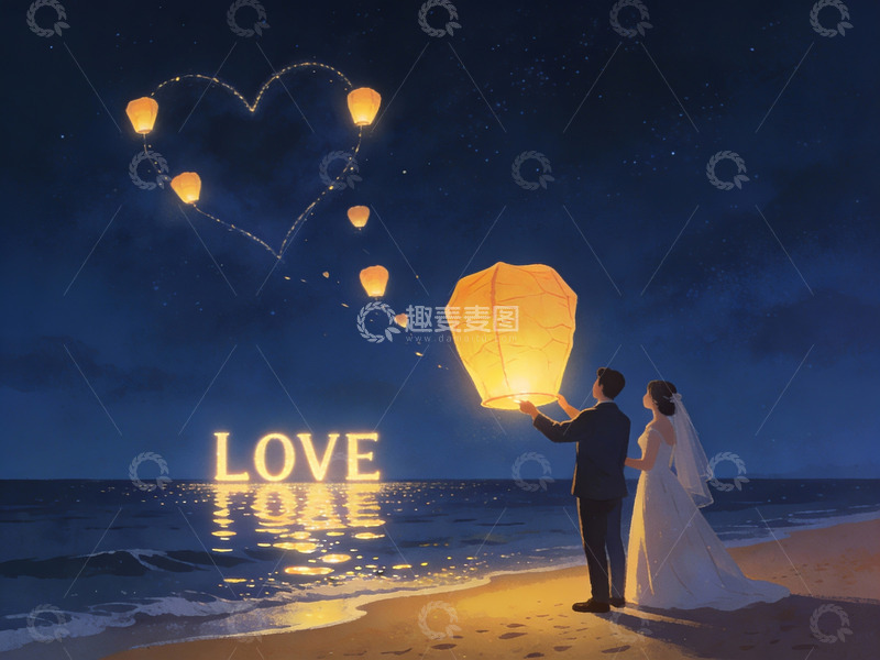 高清大图下载【趣麦麦图】情侣海边放飞孔明灯