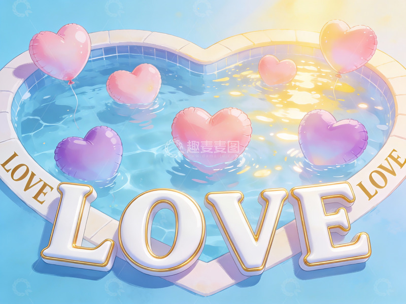 高清大图下载【趣麦麦图】心形泳池中的爱心气球