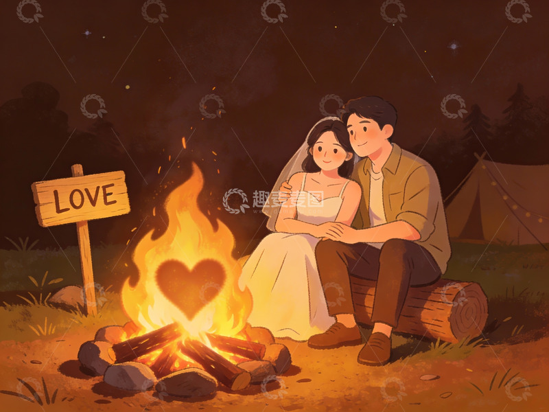 高清大图下载【趣麦麦图】情侣篝火旁共度浪漫夜晚