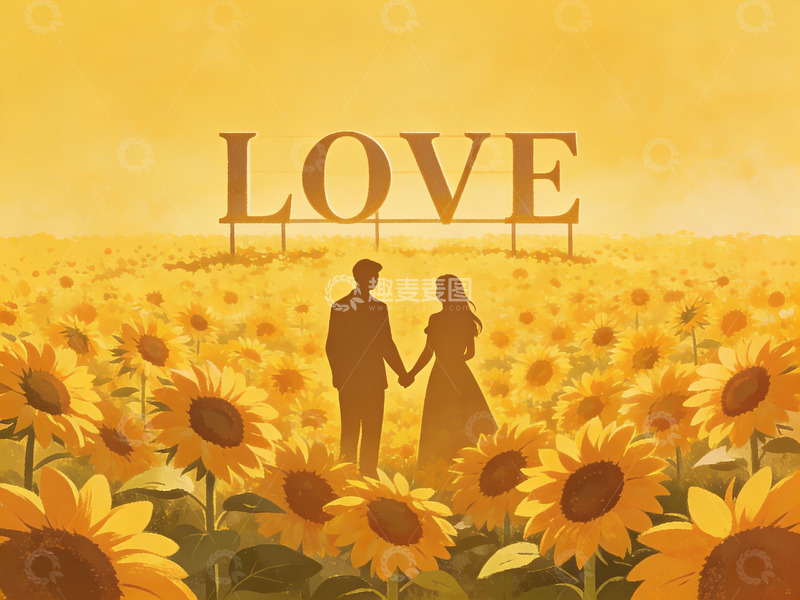 高清大图下载【趣麦麦图】情侣牵手向日葵花田