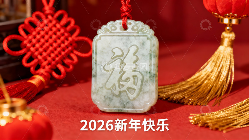 高清大图下载【趣麦麦图】新年玉佩挂饰红色背景