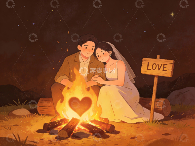 高清大图下载【趣麦麦图】情侣篝火旁相依