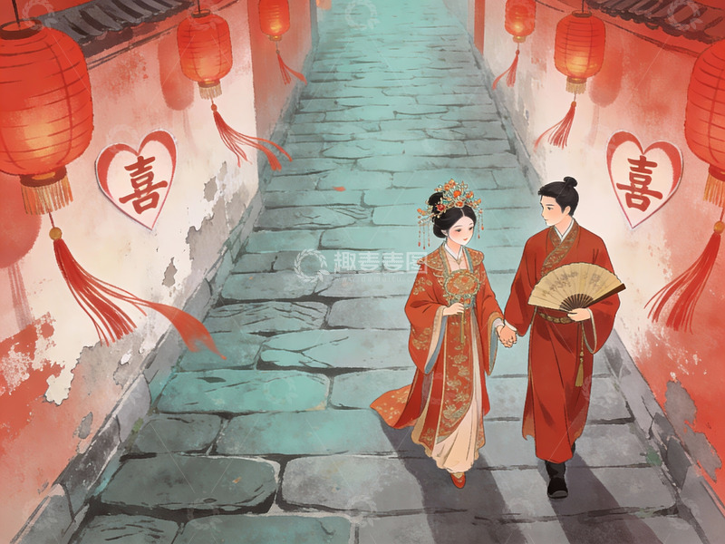 高清大图下载【趣麦麦图】古风情侣巷中携手同行