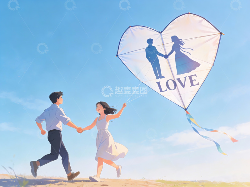 高清大图下载【趣麦麦图】情侣放飞爱心风筝