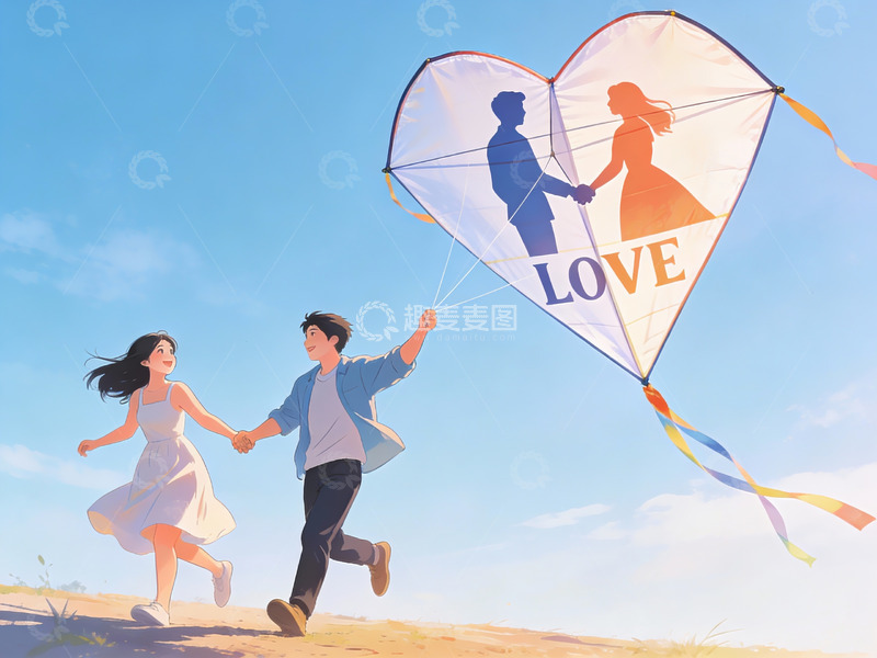 高清大图下载【趣麦麦图】情侣放飞爱心风筝