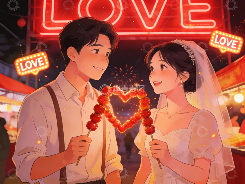 高清大图下载【趣麦麦图】新人在夜市共享糖葫芦