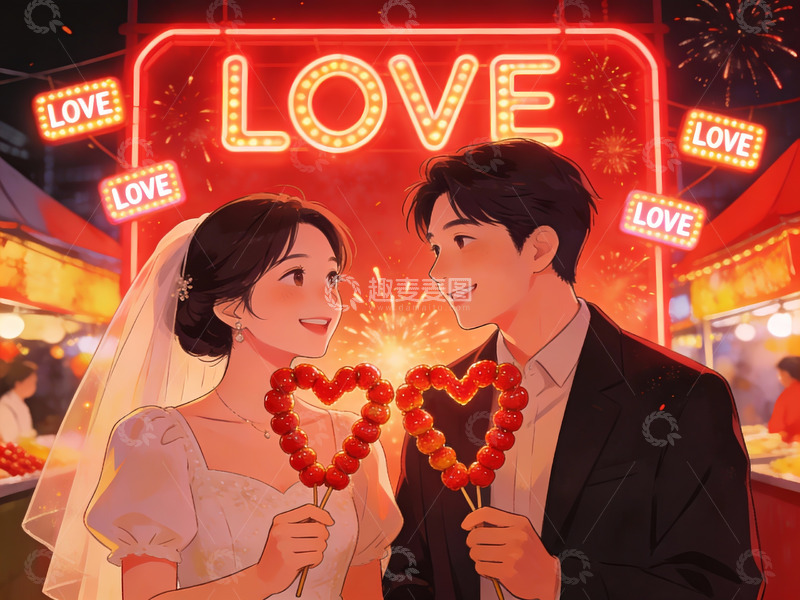 高清大图下载【趣麦麦图】新人手持心形糖葫芦合影
