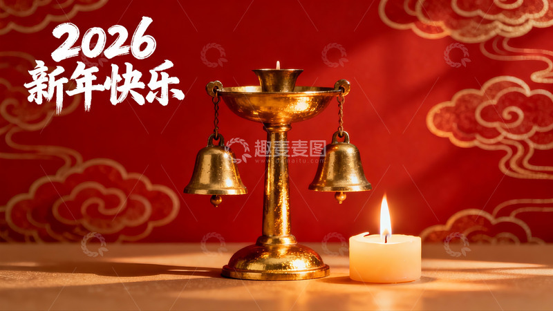 高清大图下载【趣麦麦图】新年装饰金铃蜡烛红背景