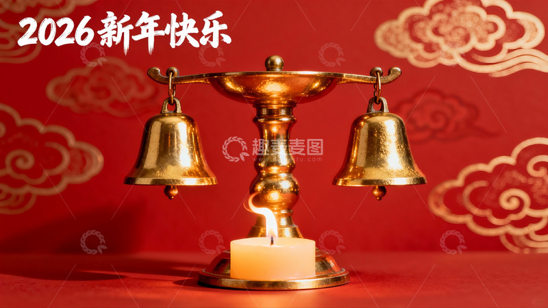 高清大图下载【趣麦麦图】新年红背景金色铃铛与蜡烛