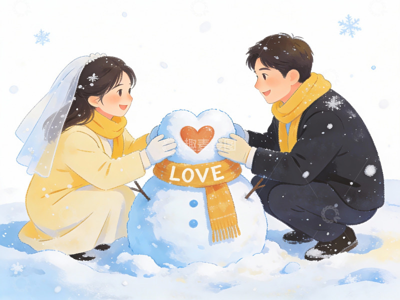 高清大图下载【趣麦麦图】雪中情侣堆雪人