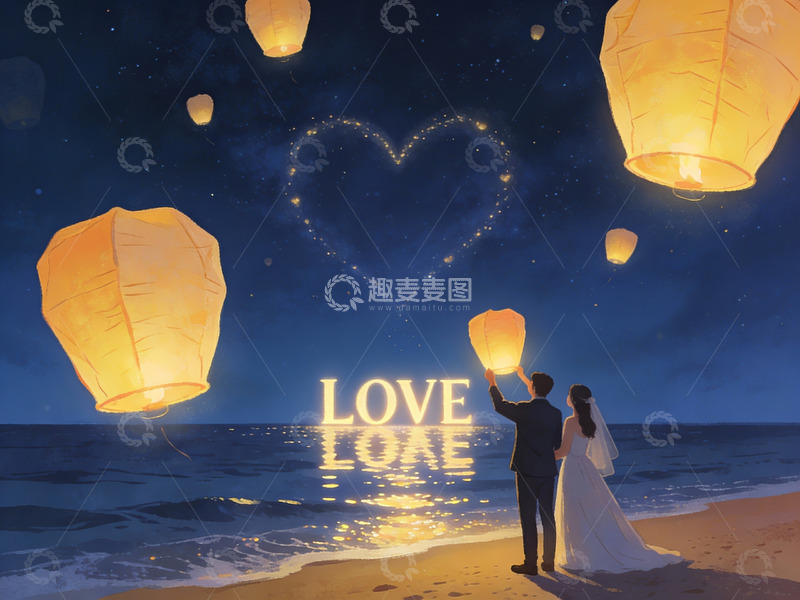 高清大图下载【趣麦麦图】情侣海边放天灯浪漫场景