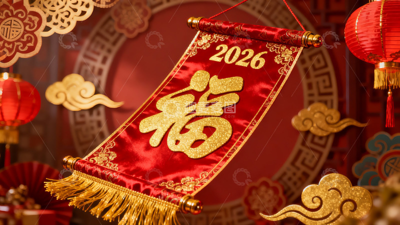 高清大图下载【趣麦麦图】新年红色福字挂饰与灯笼