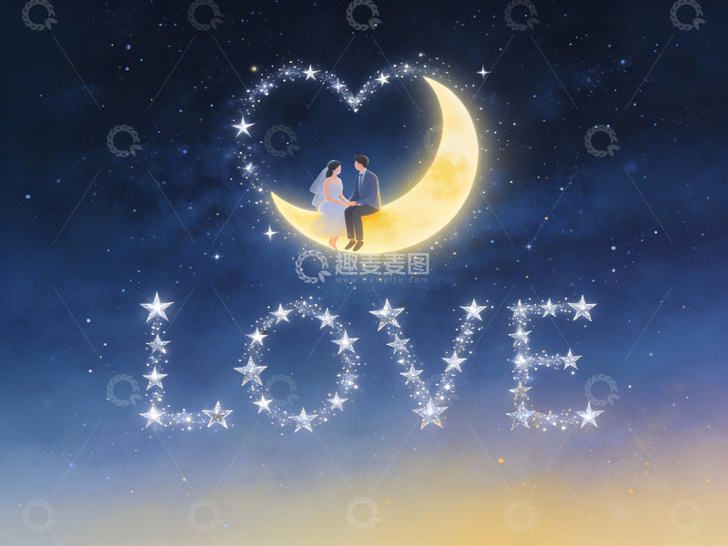 高清大图下载【趣麦麦图】情侣月下共赏星空