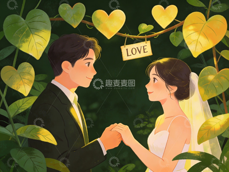 高清大图下载【趣麦麦图】新人在心形叶林中牵手