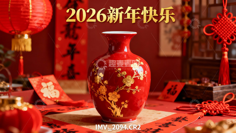 高清大图下载【趣麦麦图】红色花瓶新年装饰场景