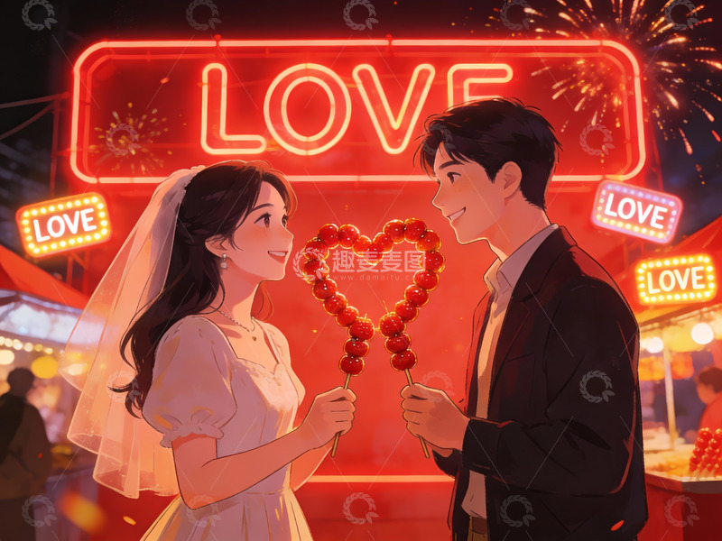 高清大图下载【趣麦麦图】情侣在灯光市集共赏爱心糖串