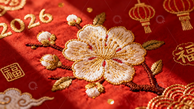 高清大图下载【趣麦麦图】红色刺绣布料细节特写