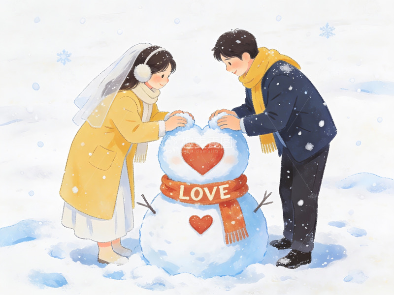 高清大图下载【趣麦麦图】情侣雪地堆雪人