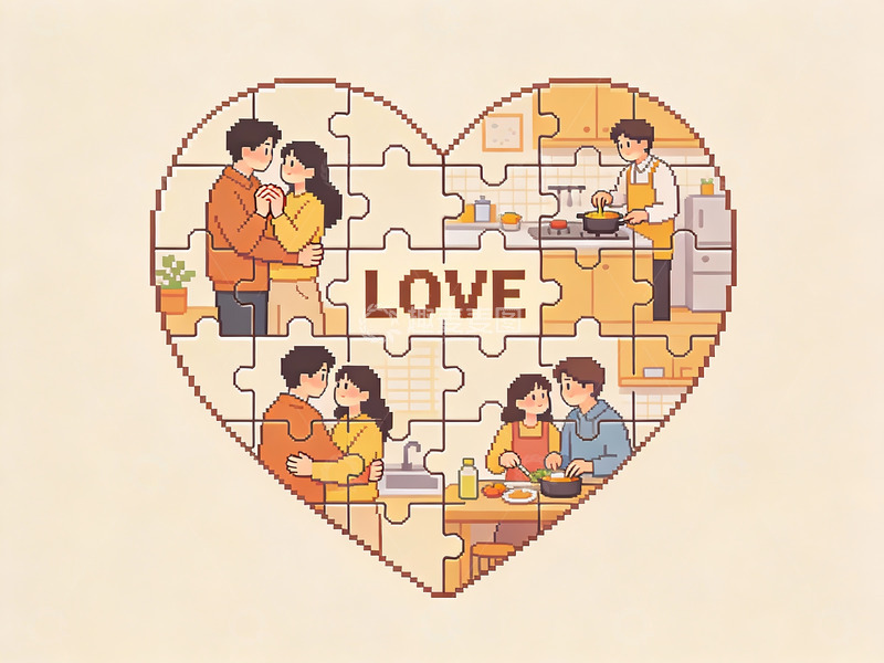 高清大图下载【趣麦麦图】心形拼图中的家庭温馨场景