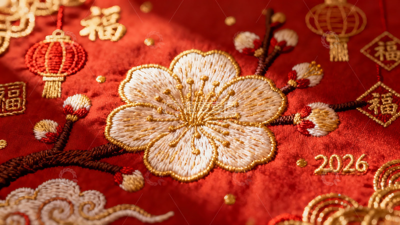 高清大图下载【趣麦麦图】红色刺绣布料上的梅花图案