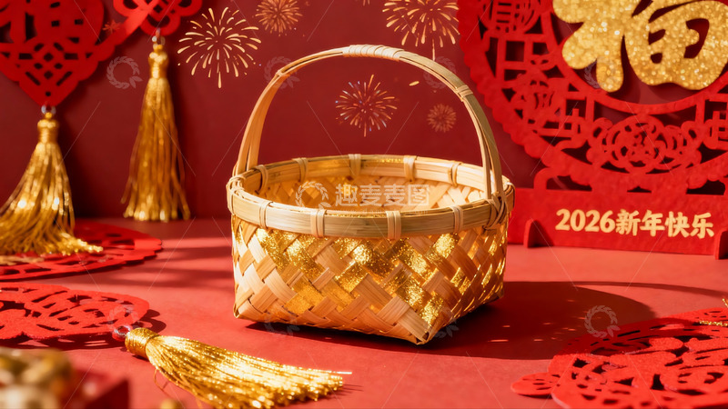高清大图下载【趣麦麦图】新年装饰竹篮与红色挂饰