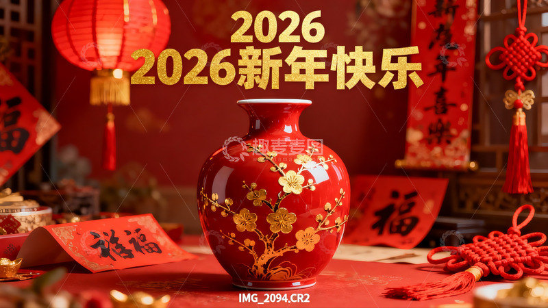 高清大图下载【趣麦麦图】新年红色花瓶装饰场景