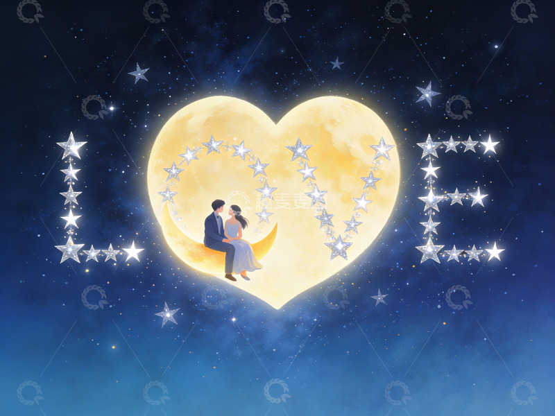 高清大图下载【趣麦麦图】情侣在心形月亮上相拥