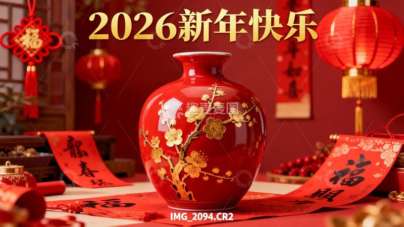 高清大图下载【趣麦麦图】红色花瓶新年装饰场景