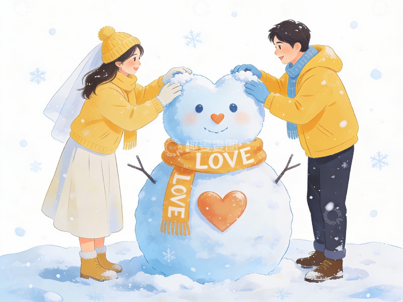 高清大图下载【趣麦麦图】情侣雪地堆雪人