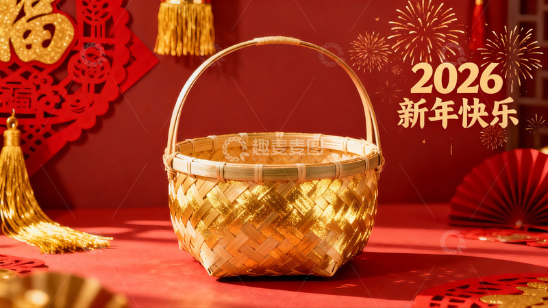 高清大图下载【趣麦麦图】新年装饰竹篮与烟花