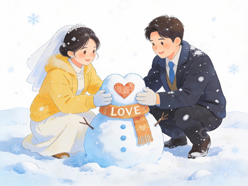 高清大图下载【趣麦麦图】雪中情侣堆爱心雪人