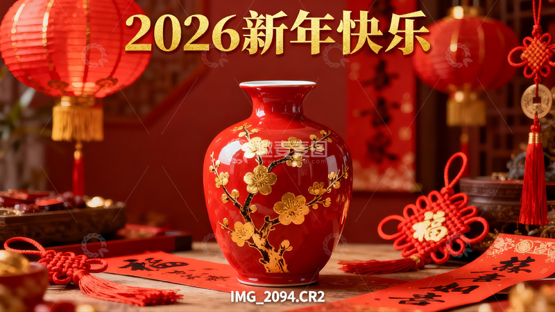 高清大图下载【趣麦麦图】新年红色花瓶装饰场景