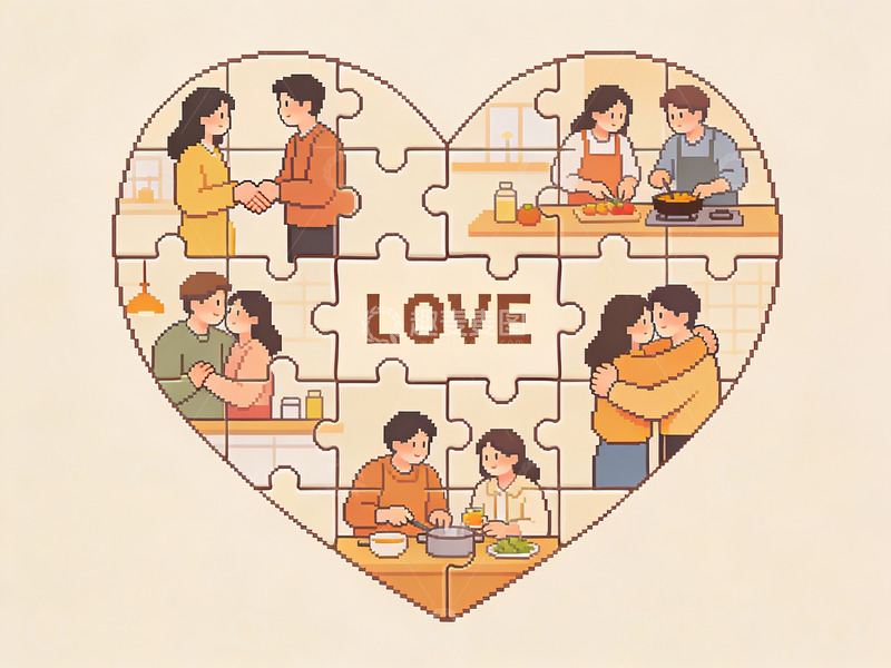 高清大图下载【趣麦麦图】心形拼图中的家庭温馨场景