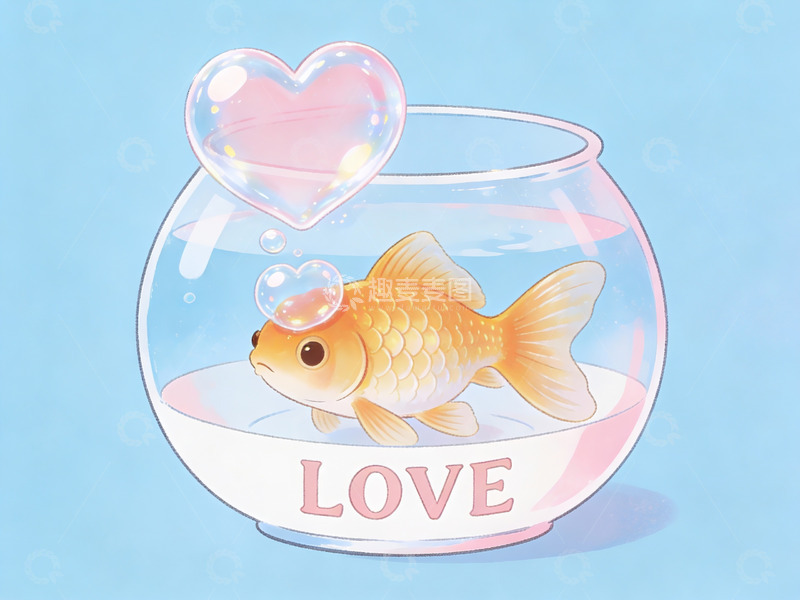 高清大图下载【趣麦麦图】金鱼在爱心气泡的鱼缸中