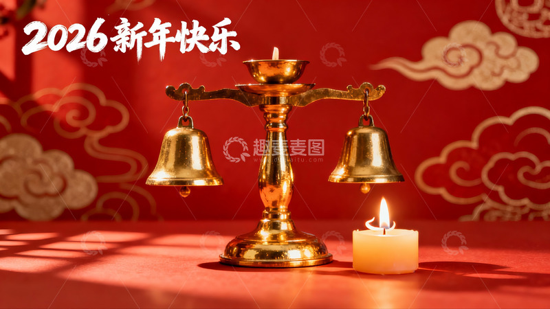 高清大图下载【趣麦麦图】新年装饰金铃蜡烛红背景