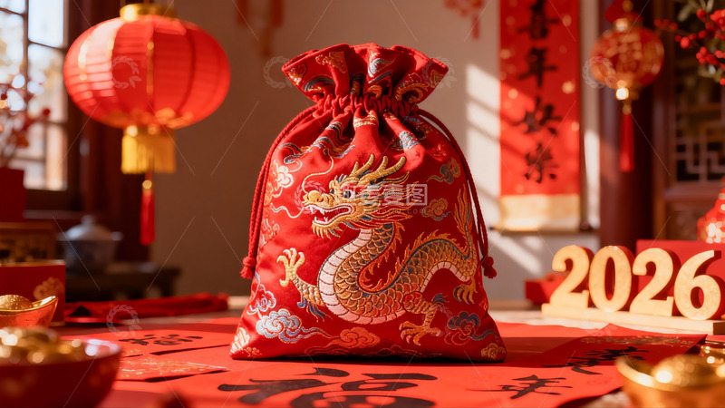 高清大图下载【趣麦麦图】春节红色龙纹布袋与装饰