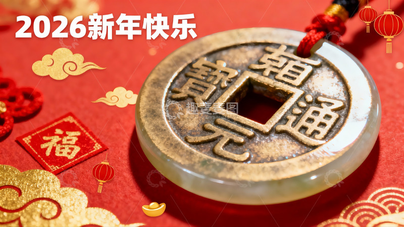 高清大图下载【趣麦麦图】新年古币挂饰红色背景