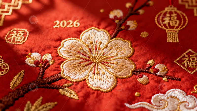 高清大图下载【趣麦麦图】红色刺绣布料细节特写