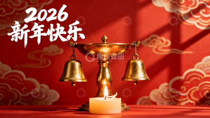 高清大图下载【趣麦麦图】新年装饰金铃蜡烛红背景