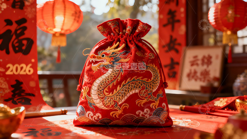 高清大图下载【趣麦麦图】春节红色龙纹布袋与装饰