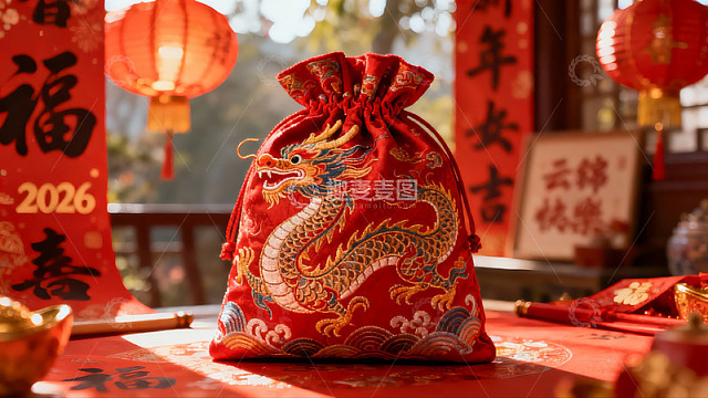春节红色龙纹布袋与装饰