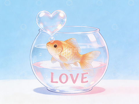 金鱼在写有LOVE的鱼缸中吐出爱心气泡