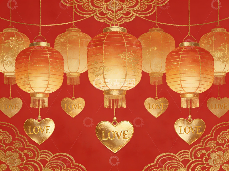 高清大图下载【趣麦麦图】红色背景上的灯笼与爱心装饰