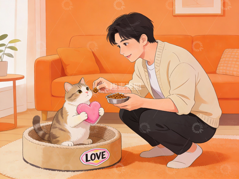 高清大图下载【趣麦麦图】男子喂猫吃食温馨场景