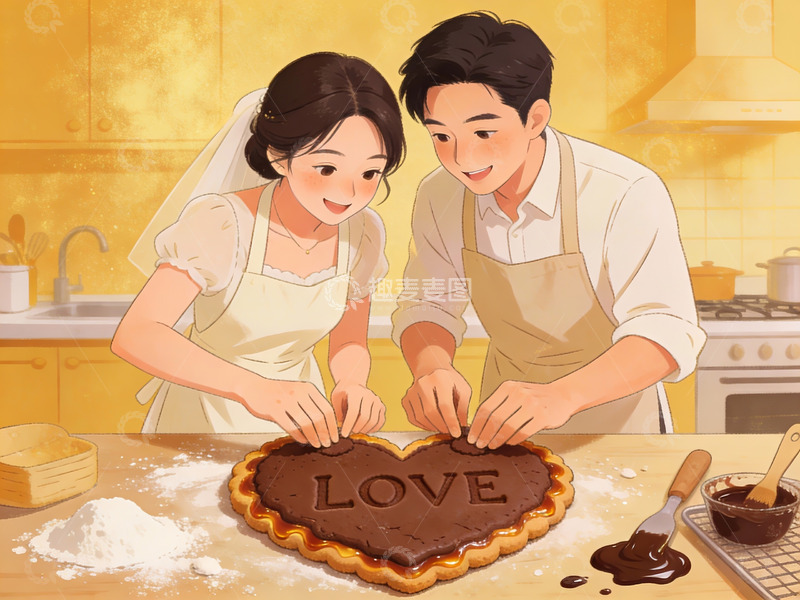 高清大图下载【趣麦麦图】情侣制作爱心巧克力蛋糕
