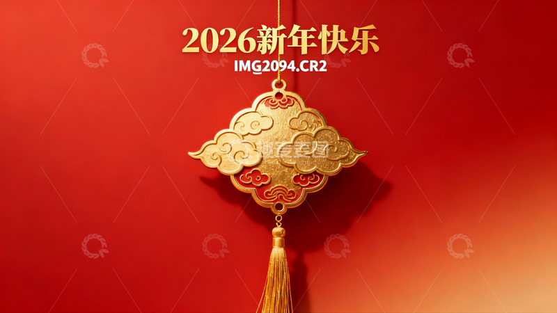 高清大图下载【趣麦麦图】红色背景金色挂饰新年祝福