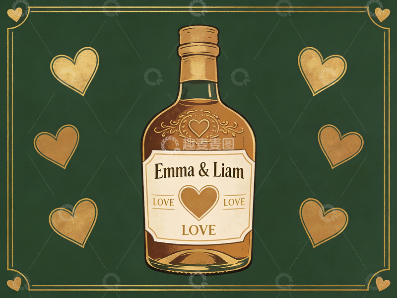 高清大图下载【趣麦麦图】情侣酒瓶与金色爱心装饰