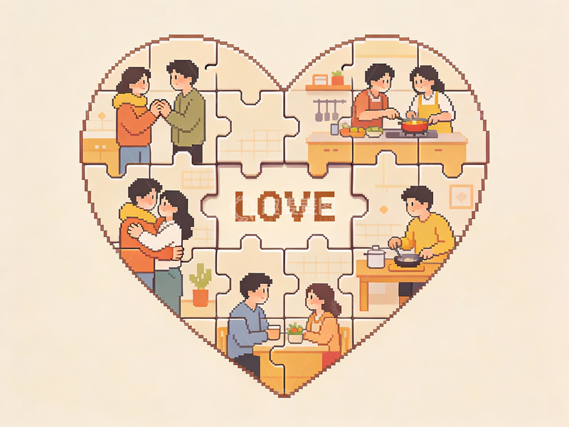 高清大图下载【趣麦麦图】心形拼图中的家庭生活场景